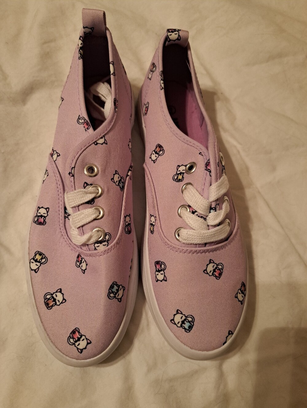 Women's Canvas Slip-On Lace Up Shoes in Light Purple with Cute Cat Print-NEW!